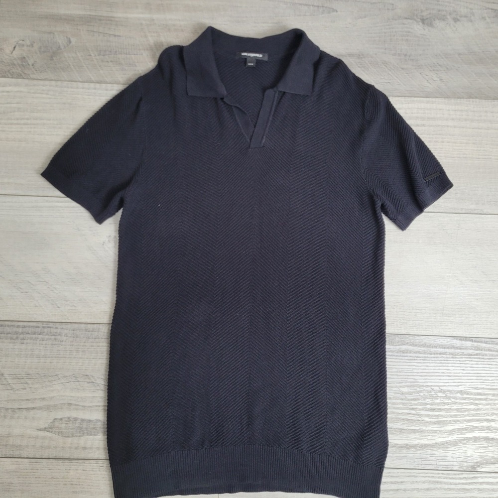 🖤Karl Lagerfeld Paris Sweater Knit Polo Mens Med Black Chevron Cotton Shirt